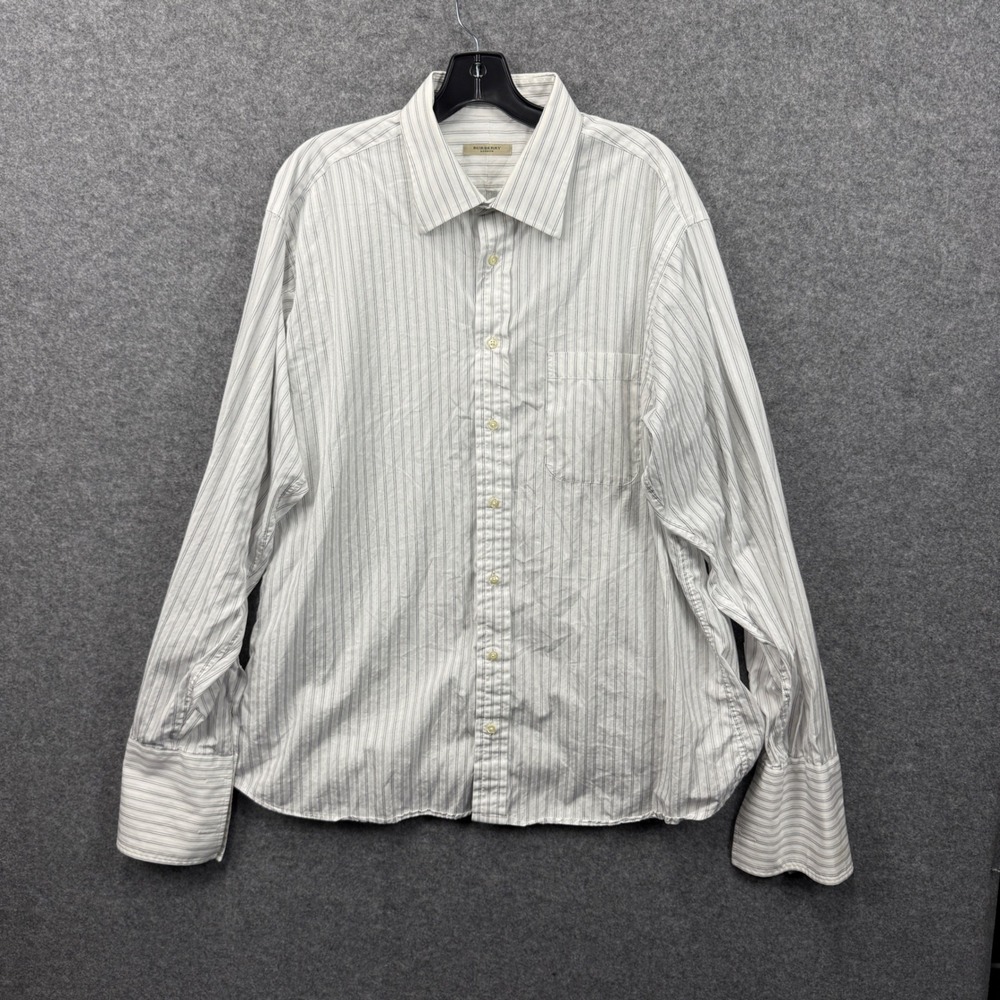 Burberry London Mens White Blue Pinstripe Cotton Button Down French Cuff Shirt